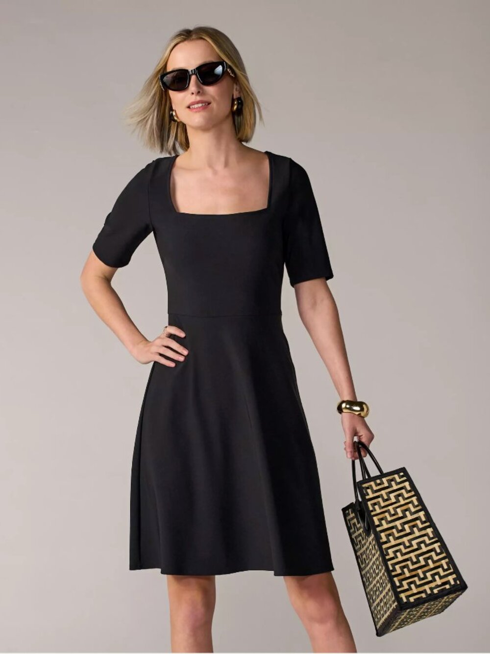 Boston Proper Beyond Travel Square Neck Fit & Flare Dress Jet Black / M